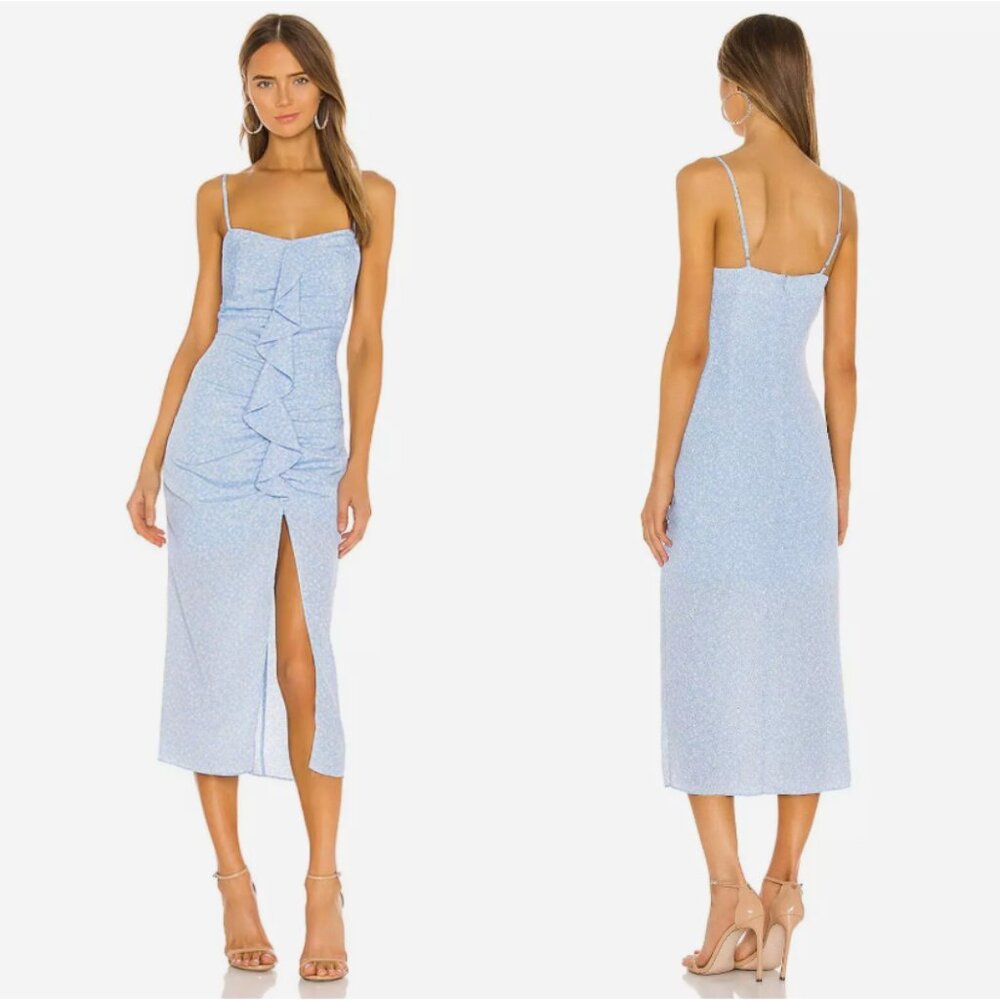 NWT Likely Ruffles Spaghetti Straps Sallie Midi Dress Blue Bell and White